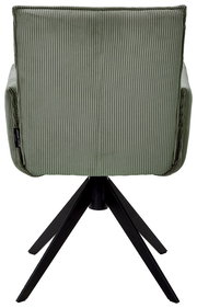 Rückansicht eines grünen Armlehnstuhls mit geripptem Stoffbezug und schwarzem Metallgestell.