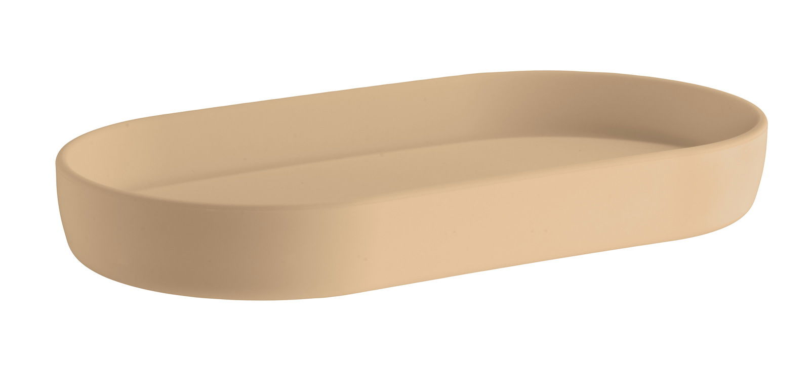Beige Seifenschale aus Kunststoff, rechteckig mit abgerundeten Ecken, seitliche Perspektive