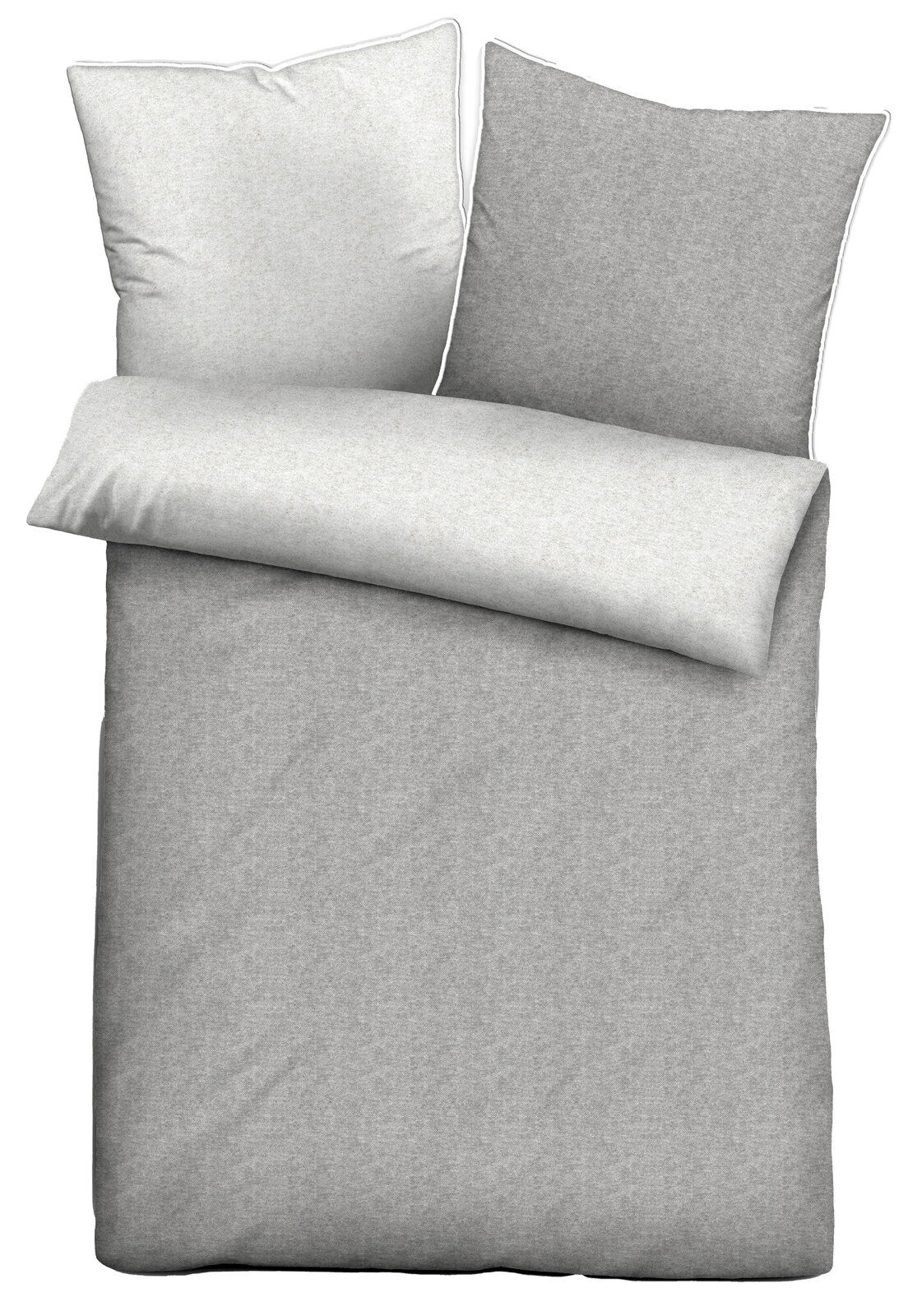 Melange-Flanell Bettwäsche-Set in Grau, bestehend aus einem Kissenbezug und einem Deckenbezug, aus der Vogelperspektive fotografiert.