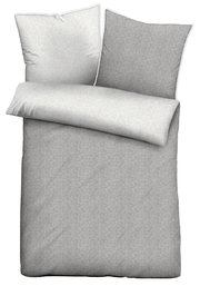 Melange-Flanell Bettwäsche-Set in Grau, bestehend aus einem Kissenbezug und einem Deckenbezug, aus der Vogelperspektive fotografiert.