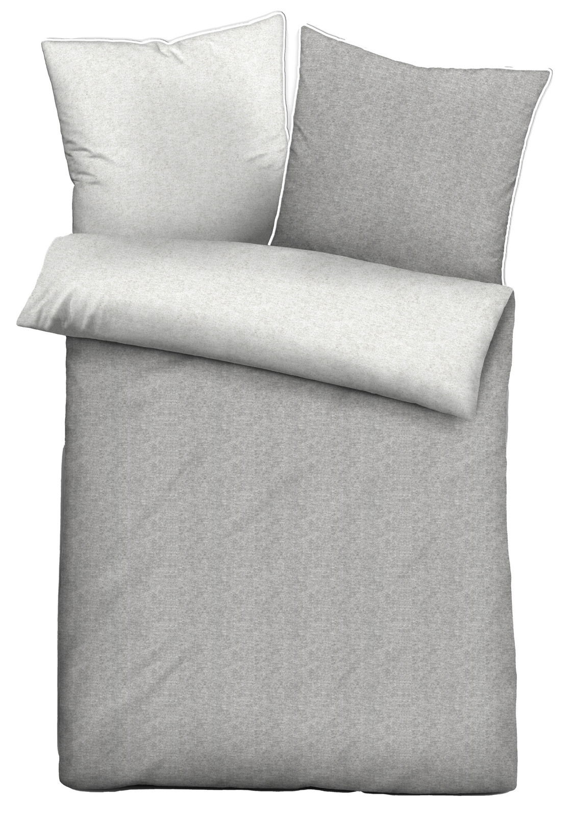 Biberna Biber-Bettwäsche Melange-Flanell Bettwäsche-Set in Grau, bestehend aus einem Kissenbezug und einem Deckenbezug, aus der Vogelperspektive fotografiert.
