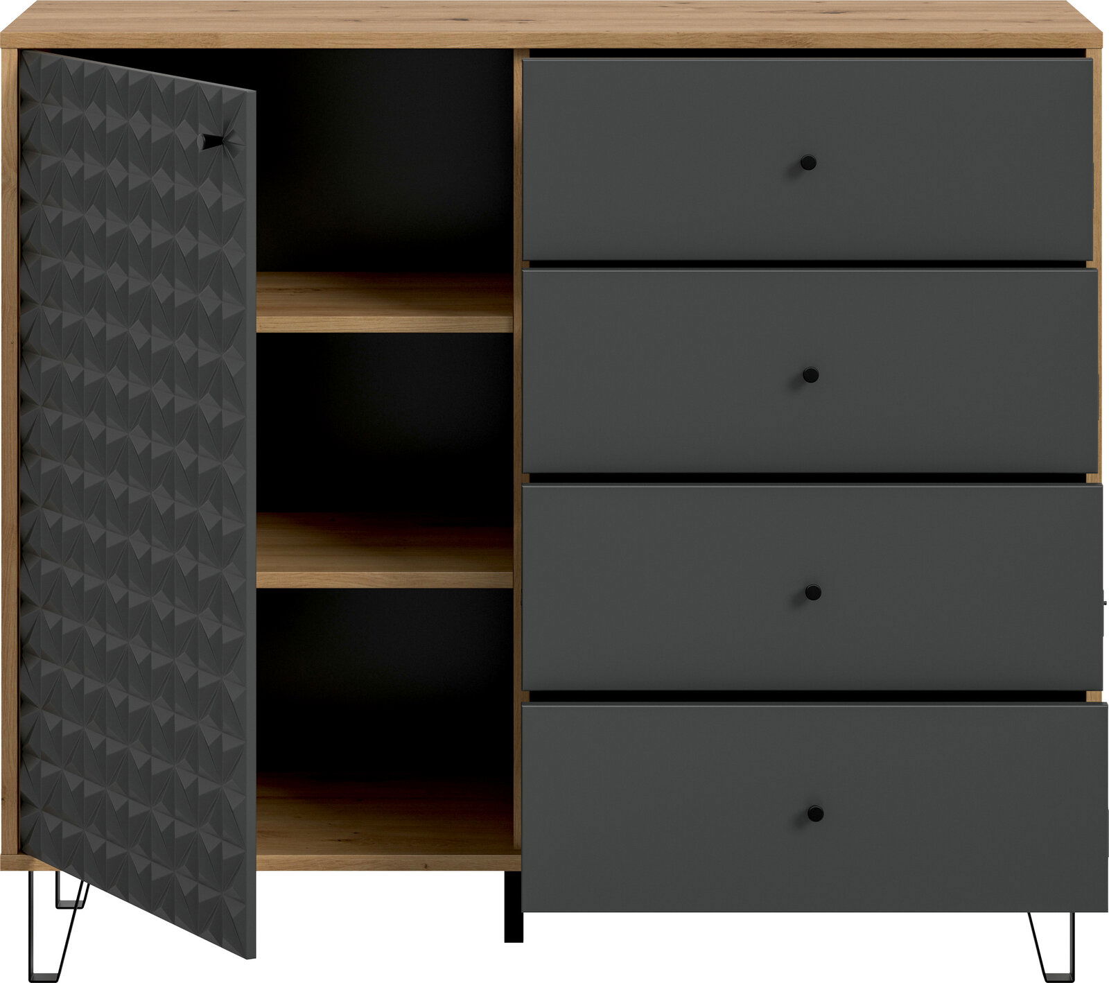 Moderne Kommode in Holzoptik mit mattschwarzen Fronten, links geöffnete strukturierte Tür mit Regalfächern und rechts vier Schubladen, auf Metallfüßen, Frontansicht leicht von oben