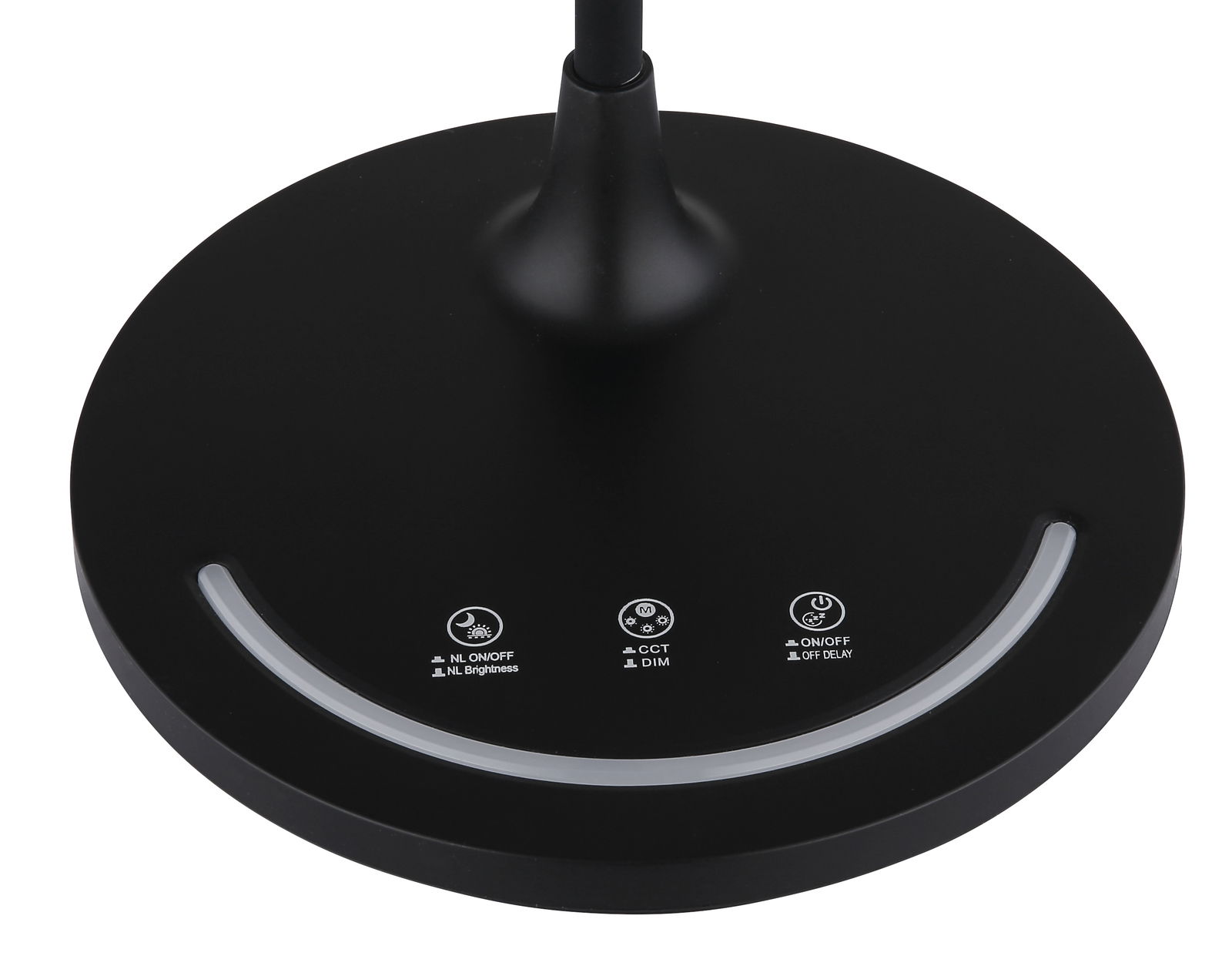 Nahaufnahme der Basis einer schwarzen Tischleuchte mit Touch-Bedienelementen für Helligkeit, Farbtemperatur und Verzögerung. Ansicht von oben.