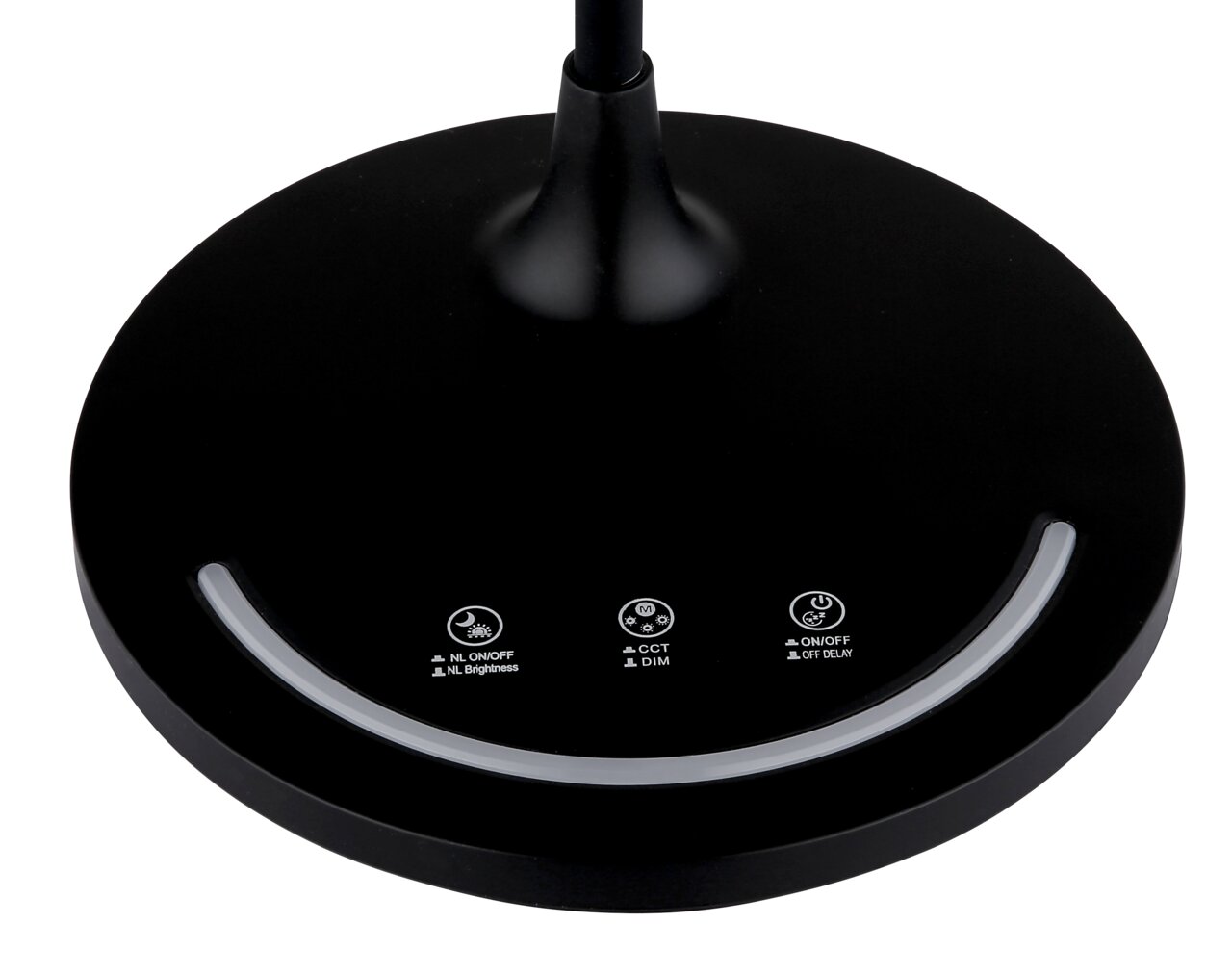 Nahaufnahme der Basis einer schwarzen Tischleuchte mit Touch-Bedienelementen für Helligkeit, Farbtemperatur und Verzögerung. Ansicht von oben.