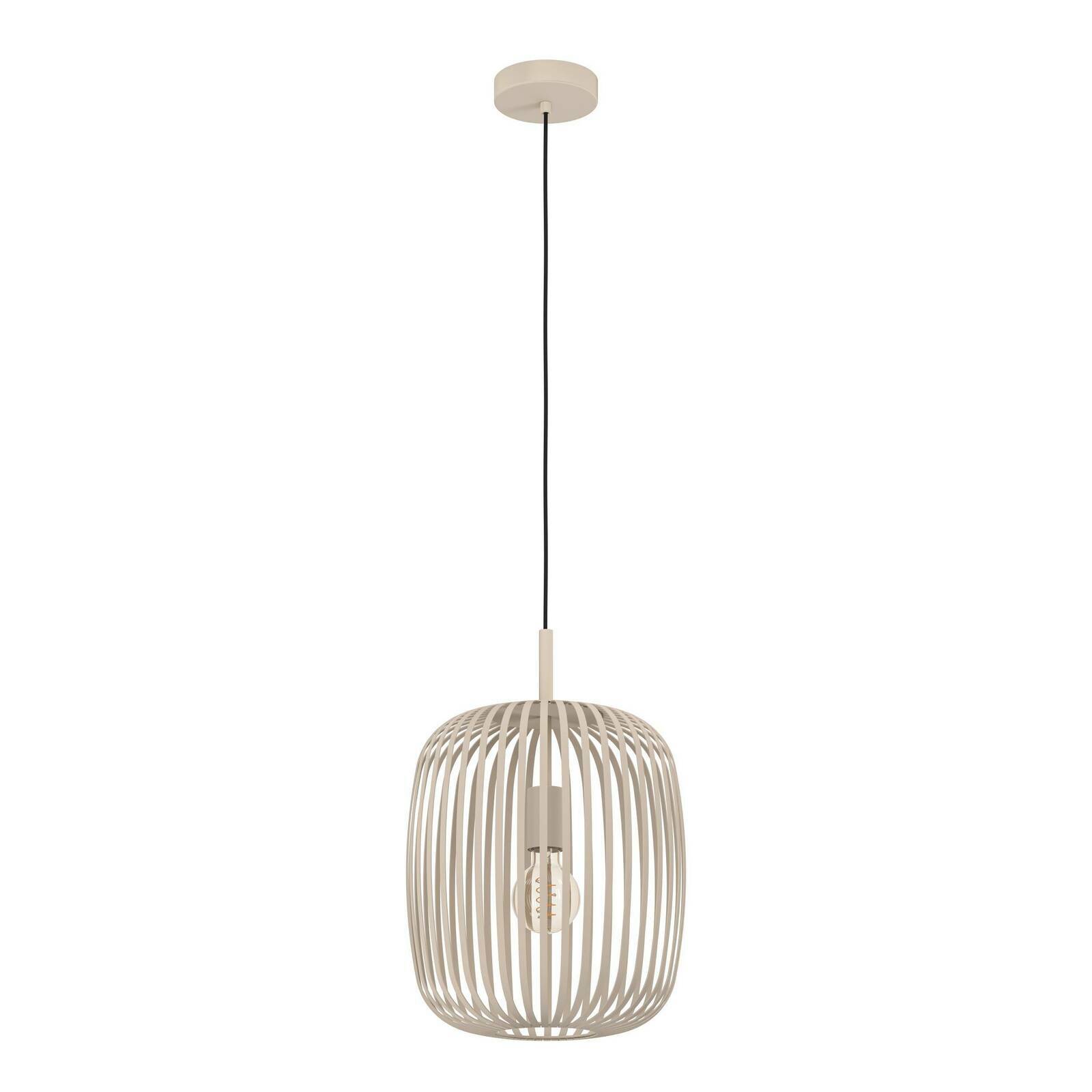 Moderne Pendelleuchte ROMAZZINA von Eglo in beige mit offenem, käfigartigem Design, seitliche Perspektive.