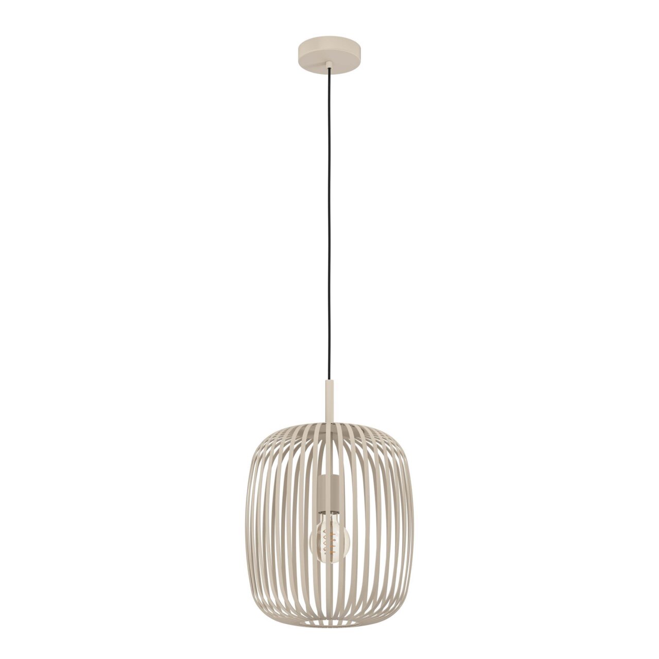 Moderne Pendelleuchte ROMAZZINA von Eglo in beige mit offenem, käfigartigem Design, seitliche Perspektive.