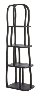 Schwarzes, modernes Regal mit vier Ebenen und geschwungenen Seitenstreben, seitliche Perspektive