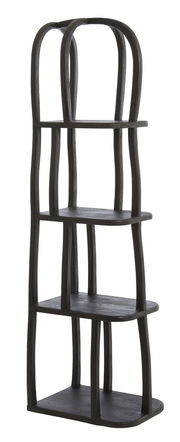 Schwarzes, modernes Regal mit vier Ebenen und geschwungenen Seitenstreben, seitliche Perspektive