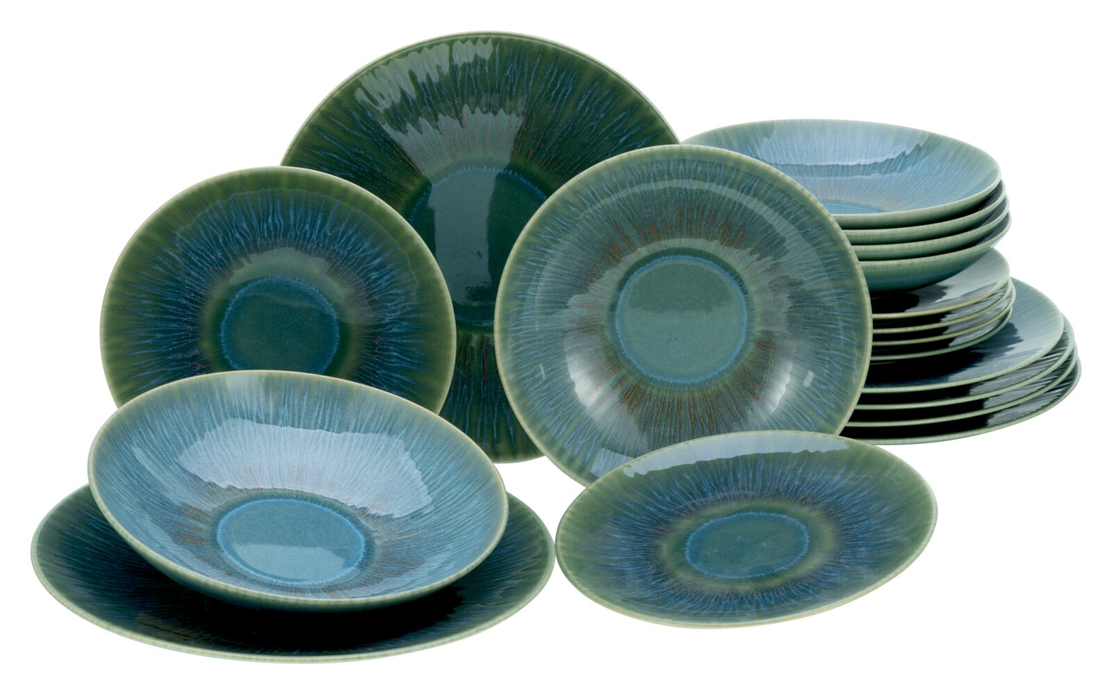 Creatable Tellerset 18-tlg SEA BREEZE Grün-blau glasiertes Keramik-Geschirrset mit Tellern und Schalen, teils gestapelt, in leicht schräger Vorderansicht vor weißem Hintergrund