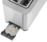 Langschlitztoaster aus Edelstahl mit herausziehbarer Krümelschublade, seitliche Perspektive
