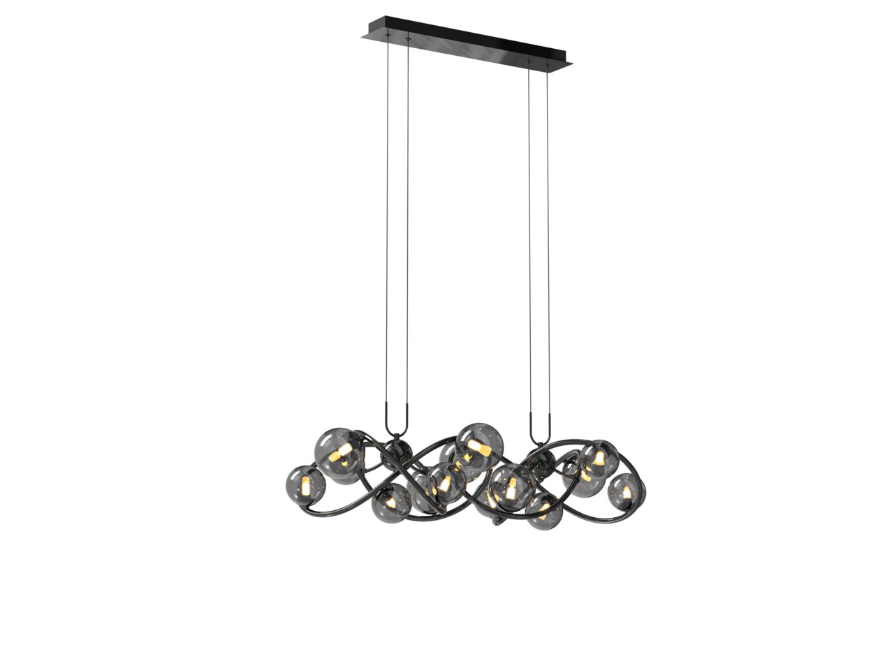 Moderne Pendelleuchte Nancy mit mehreren Glaskugeln und geschwungenem Design, seitliche Perspektive