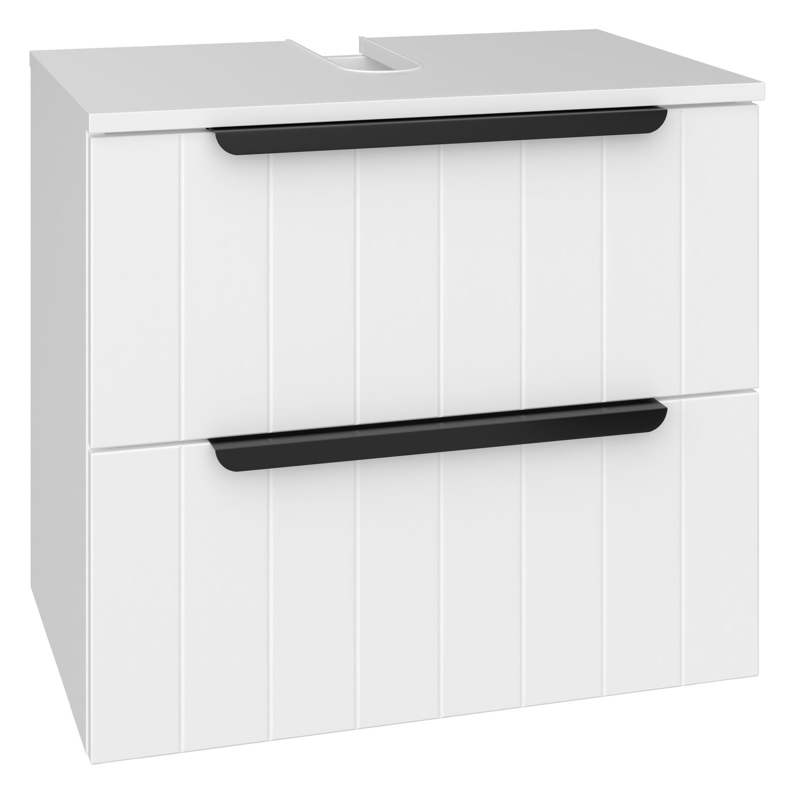 Weißer Waschbeckenunterschrank mit zwei Schubladen und schwarzen Griffen, Frontansicht
