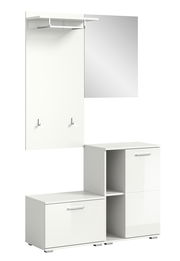 Weiße Garderobenkombination mit Spiegel, Haken, Ablage und Schrankelementen, seitliche Perspektive