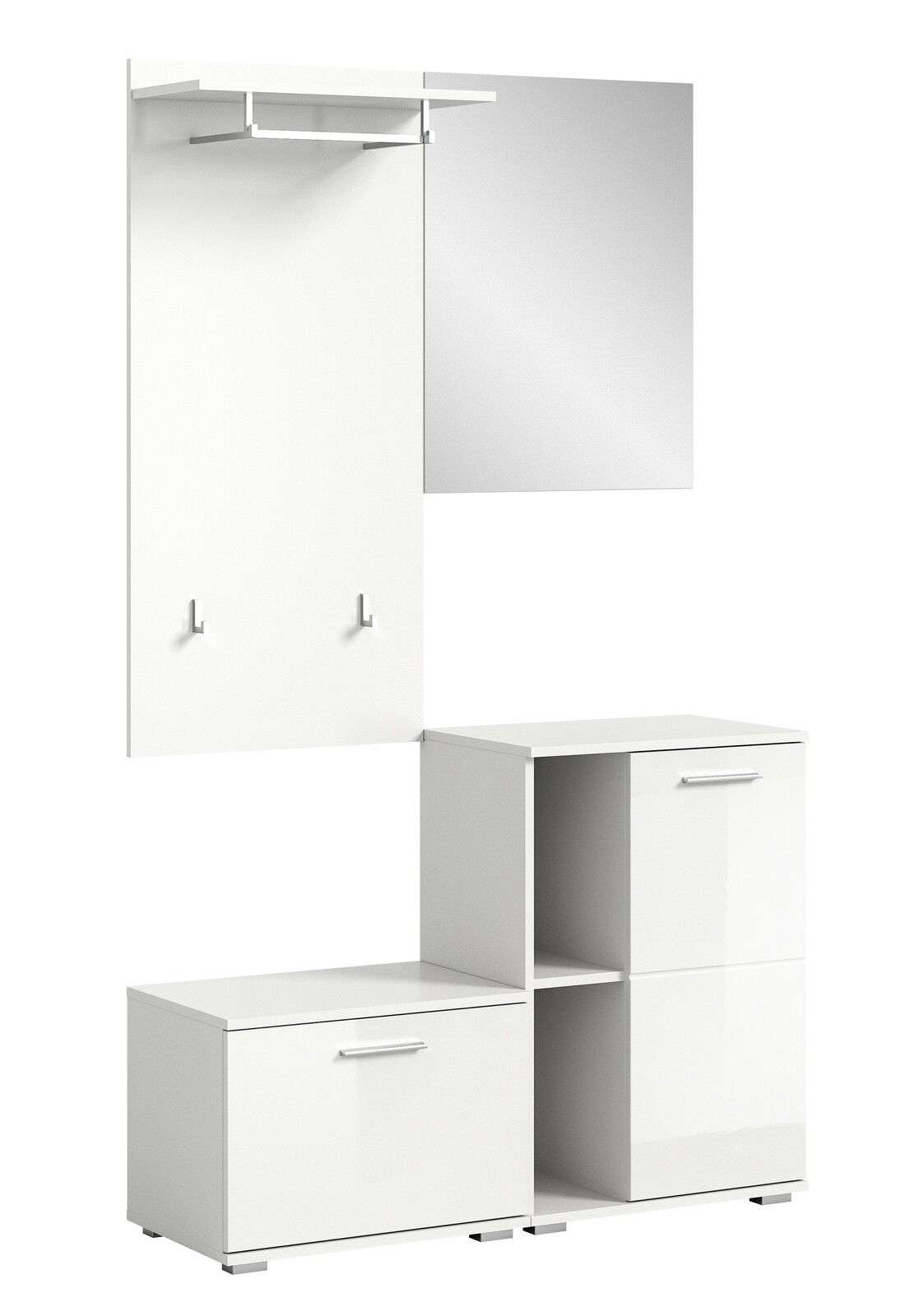 Weiße Garderobenkombination mit Spiegel, Haken, Ablage und Schrankelementen, seitliche Perspektive