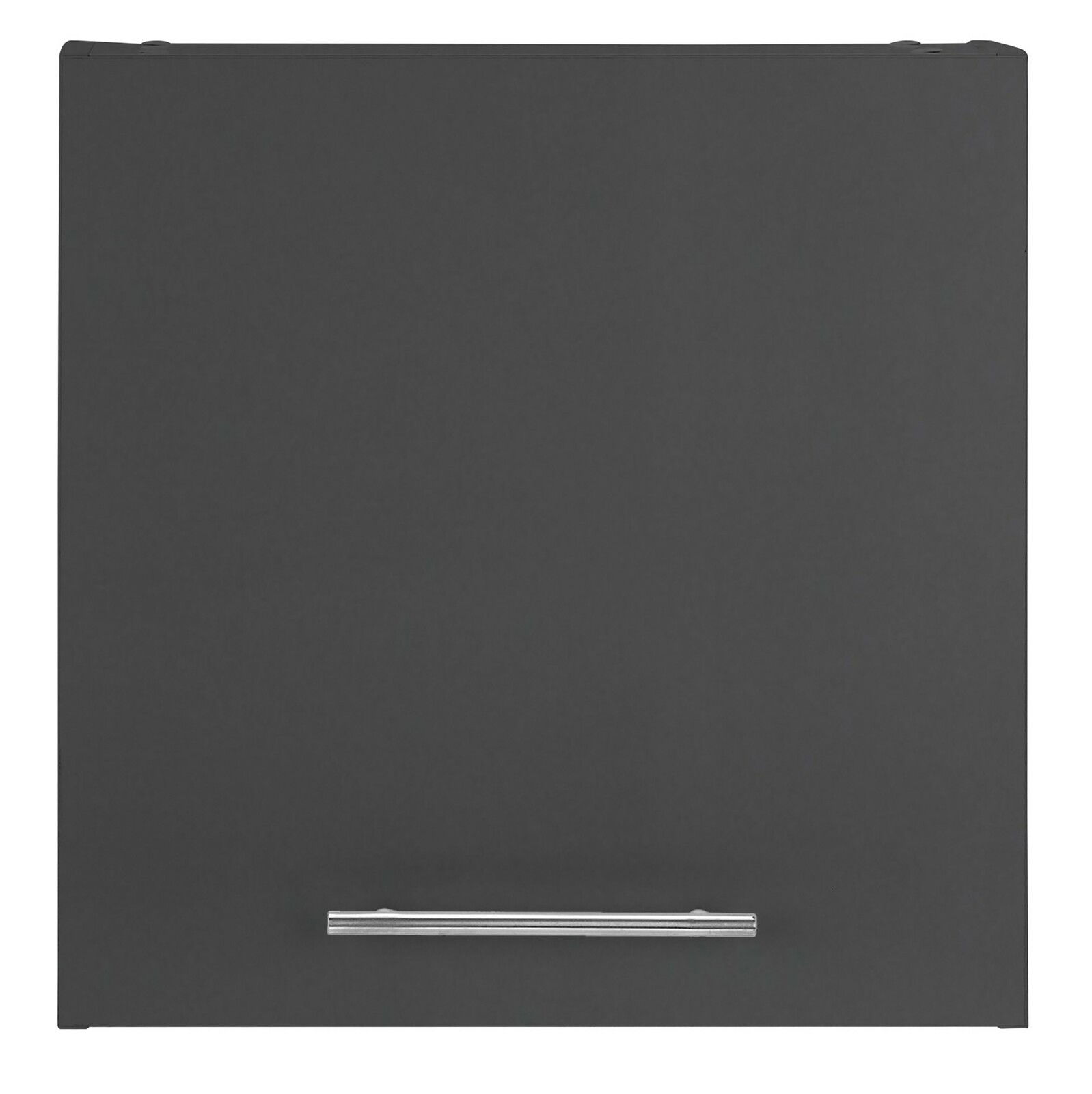 Frontansicht eines grauen Hängeschranks XORA PRIMUS mit silbernem Griff.