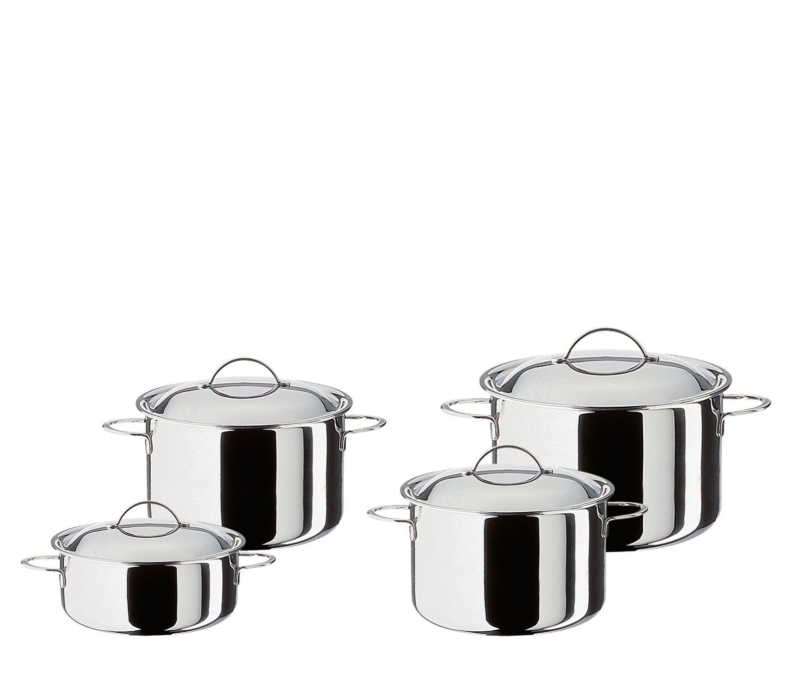Vier-teiliges Topfset Cristal aus Edelstahl, seitliche Perspektive