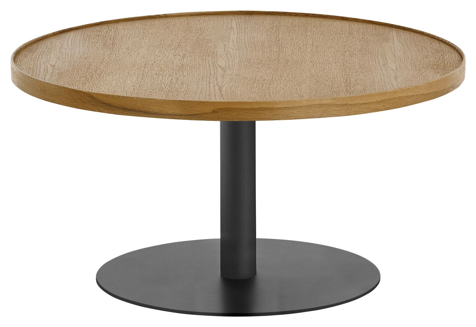 Runder Couchtisch mit Holzplatte und schwarzem Metallfuß, seitliche Perspektive