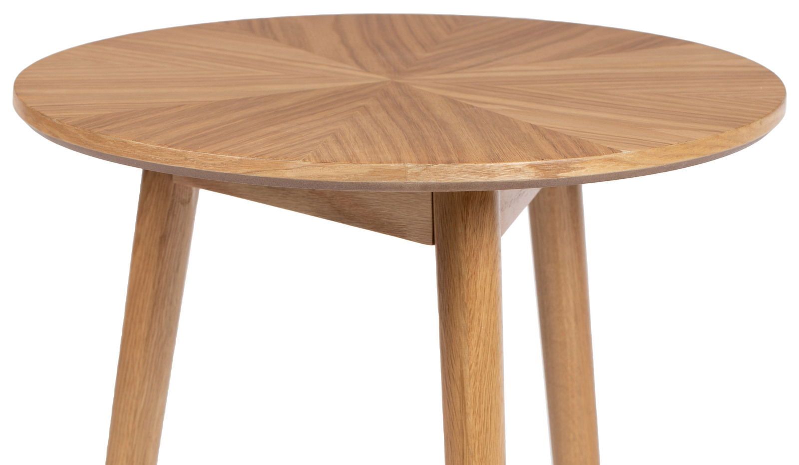 Runder Beistelltisch aus Holz mit dreibeinigem Design, seitliche Perspektive
