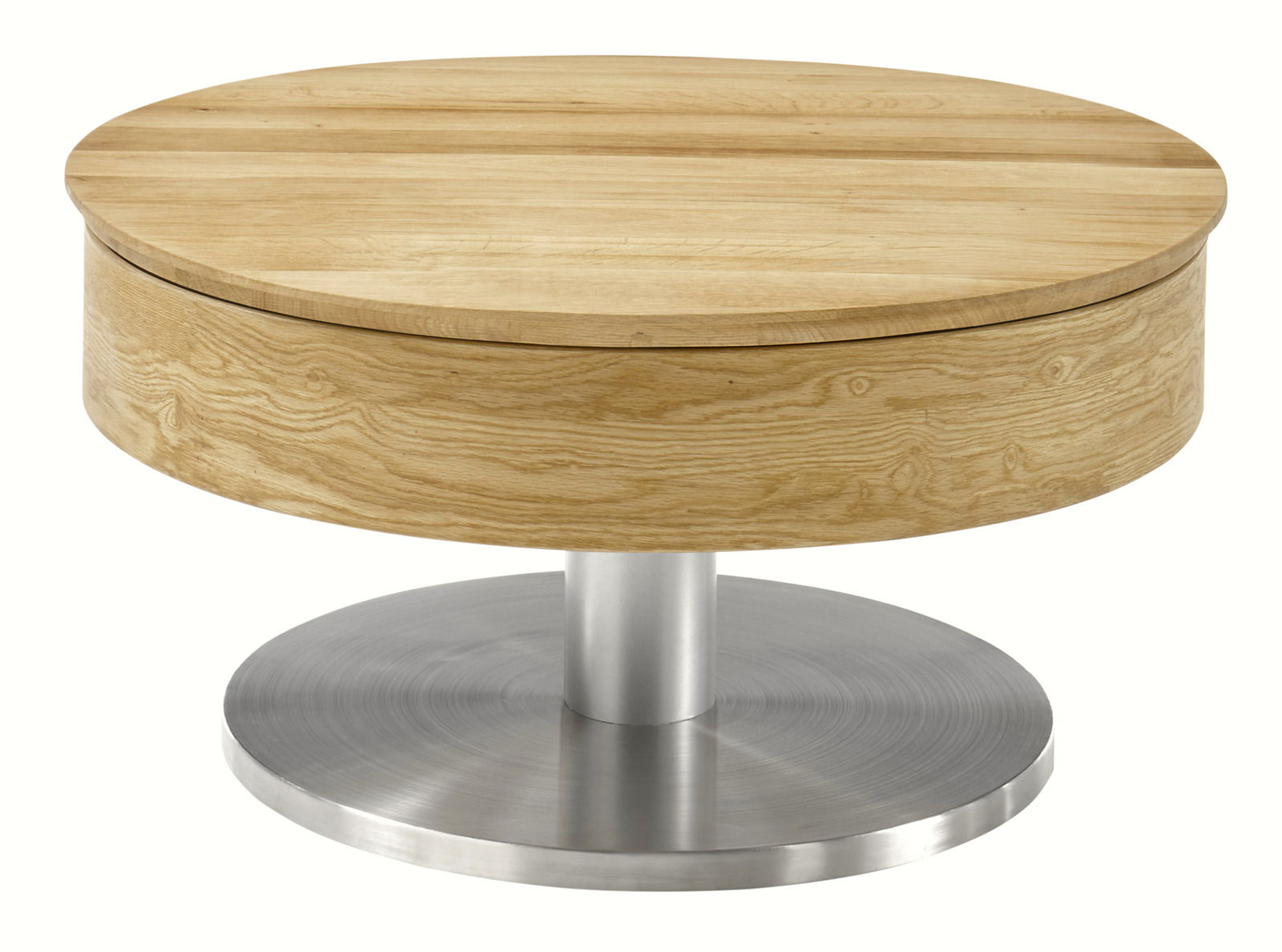 Runder Couchtisch aus Holz mit Metallfuß, seitliche Perspektive