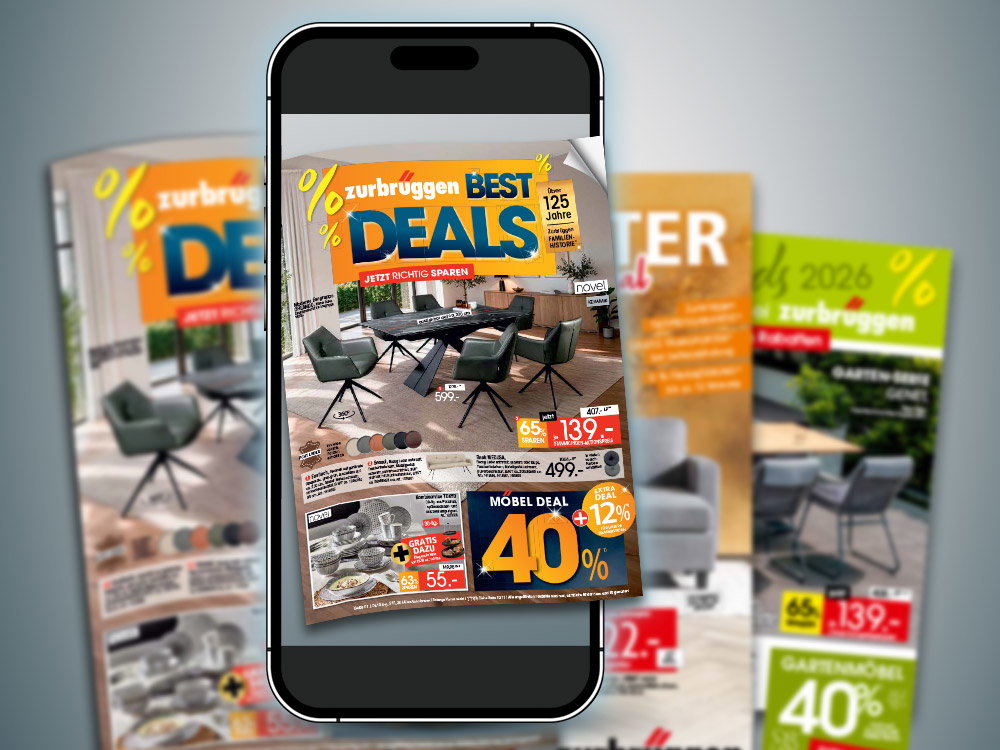 Smartphone mit digitalem Zurbrüggen-Prospekt „Best Deals“, umgeben von weiteren Möbel- und Gartenprospekten.