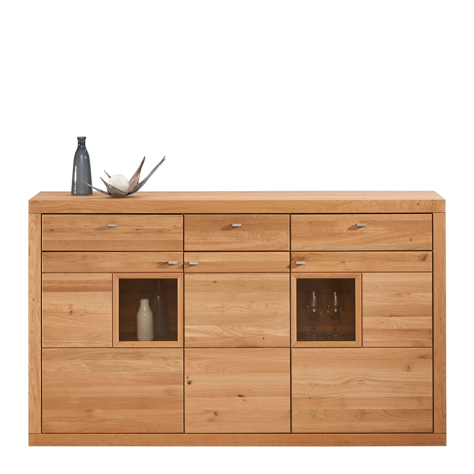 Hochwertiges Highboard aus Holz mit drei Schubladen und zwei Glastüren, frontal fotografiert.