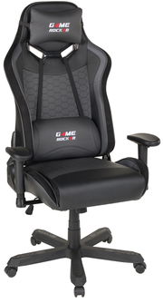 Schwarzer Gaming Stuhl mit ergonomischem Design, verstellbaren Armlehnen und gepolstertem Kopfkissen, seitliche Perspektive