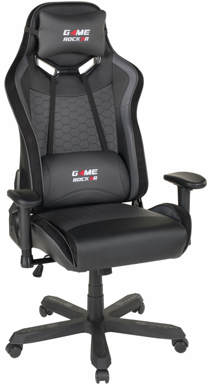 Game-Rocker Gaming Stuhl GAME-ROCKER Schwarzer Gaming Stuhl mit ergonomischem Design, verstellbaren Armlehnen und gepolstertem Kopfkissen, seitliche Perspektive