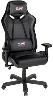 Schwarzer Gaming Stuhl mit ergonomischem Design, verstellbaren Armlehnen und gepolstertem Kopfkissen, seitliche Perspektive