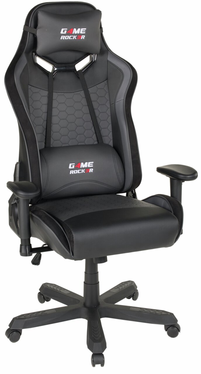 Schwarzer Gaming Stuhl mit ergonomischem Design, verstellbaren Armlehnen und gepolstertem Kopfkissen, seitliche Perspektive