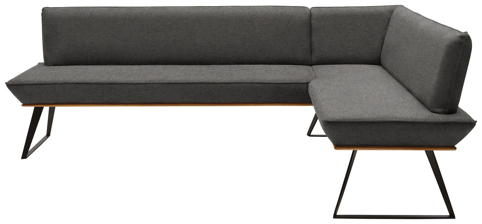 Graue Eckbank mit modernem Design, Metallbeinen und Polsterung, Perspektive von vorne.