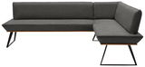 Graue Eckbank mit modernem Design, Metallbeinen und Polsterung, Perspektive von vorne.