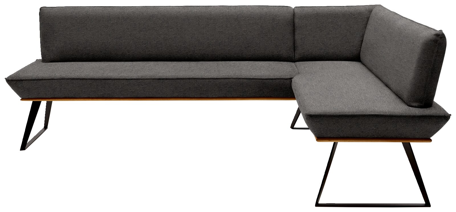 Grijze hoekbank met een modern ontwerp, metalen poten en bekleding, gezien van voren.