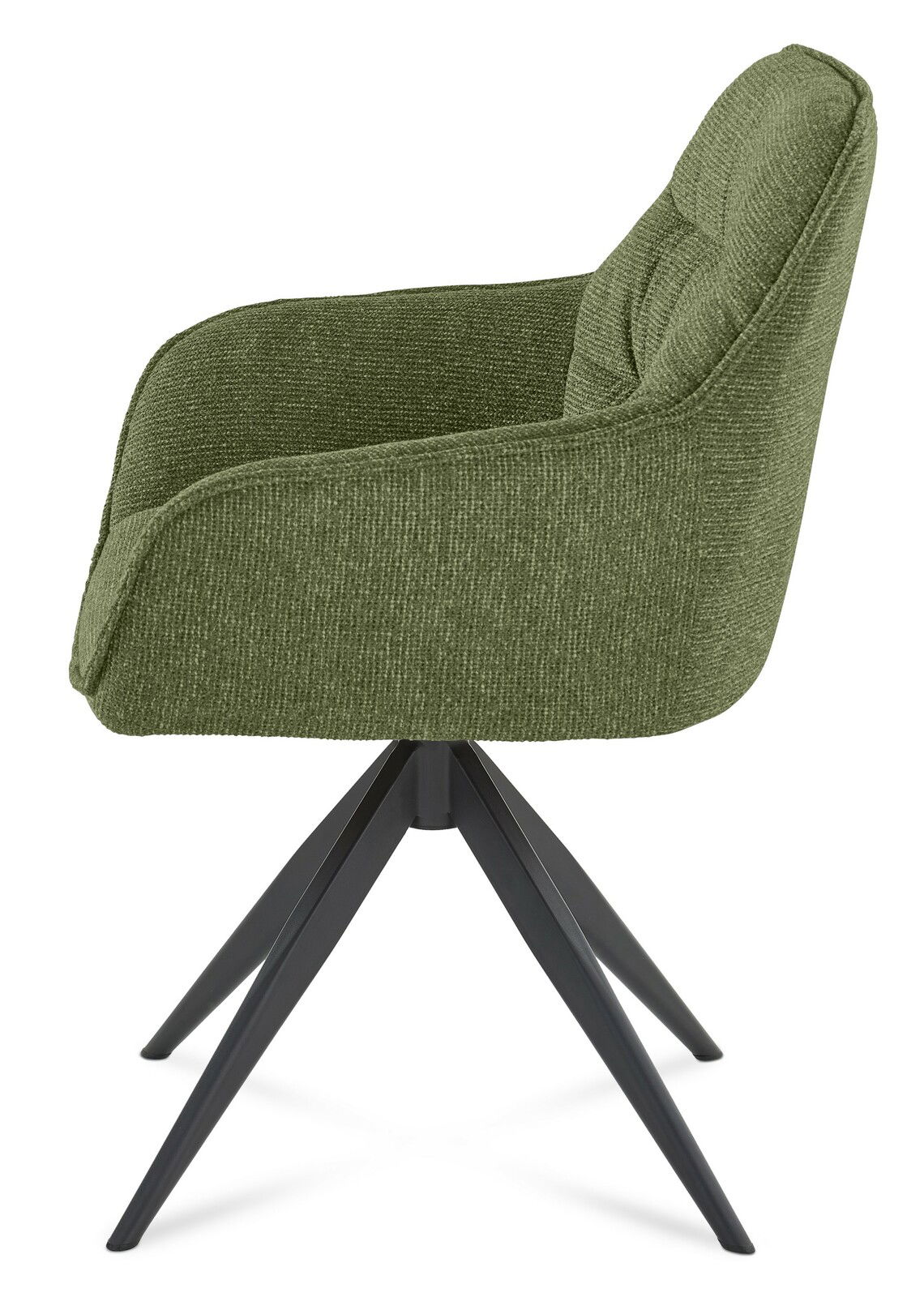 Grüner Armlehnstuhl mit schwarzem Metallgestell, Seitenansicht