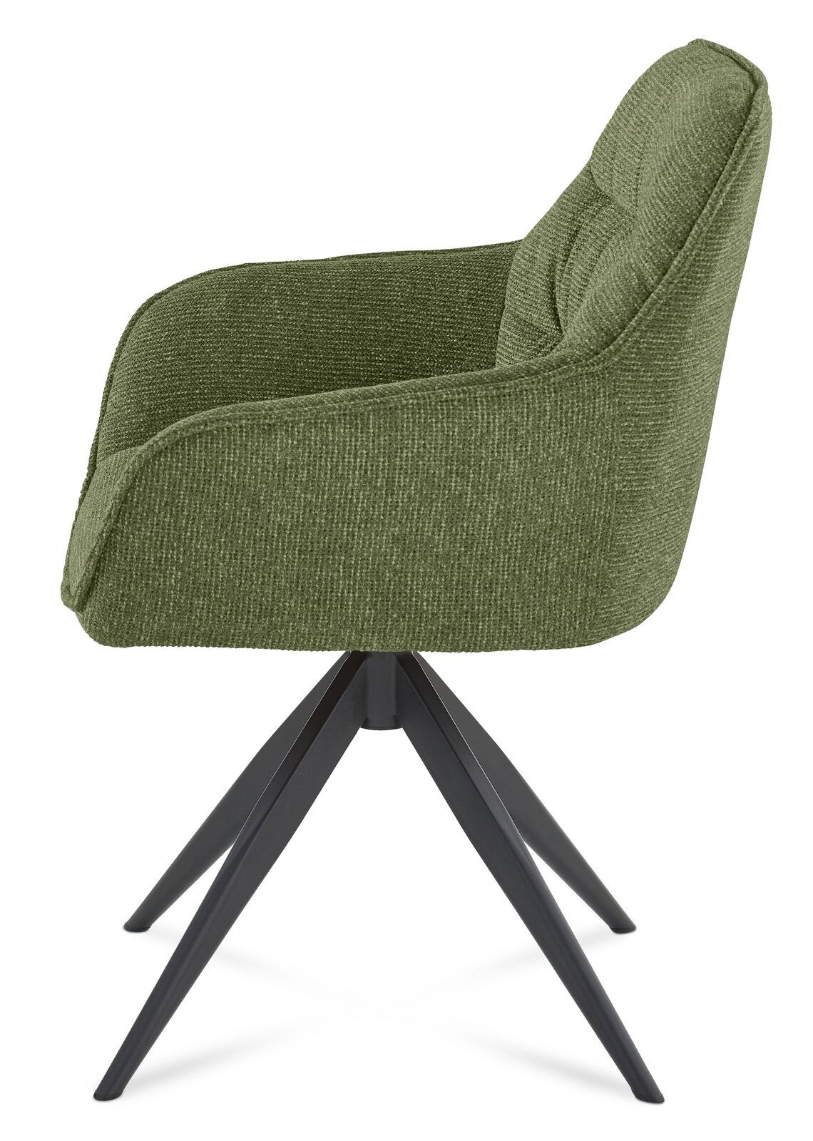 Grüner Armlehnstuhl mit schwarzem Metallgestell, Seitenansicht