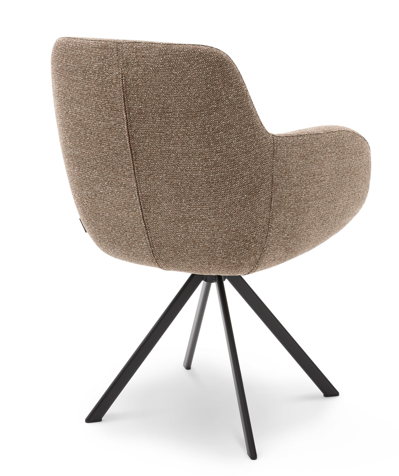 Achterkant van een moderne fauteuil met bruine stoffen bekleding en een zwart metalen frame.