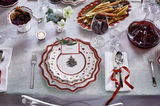 Weihnachtlich gedeckter Tisch mit einem Frühstücksteller in Weiß mit rotem Rand und Weihnachtsbaum-Motiv, von oben fotografiert.
