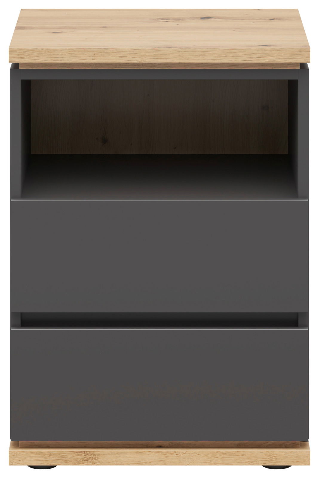 Nachtkommode in Frontansicht mit Holzoberfläche und zwei Schubladen in dunklem Grau
