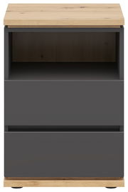 Nachtkommode in Frontansicht mit Holzoberfläche und zwei Schubladen in dunklem Grau
