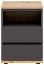 Nachtkommode in Frontansicht mit Holzoberfläche und zwei Schubladen in dunklem Grau