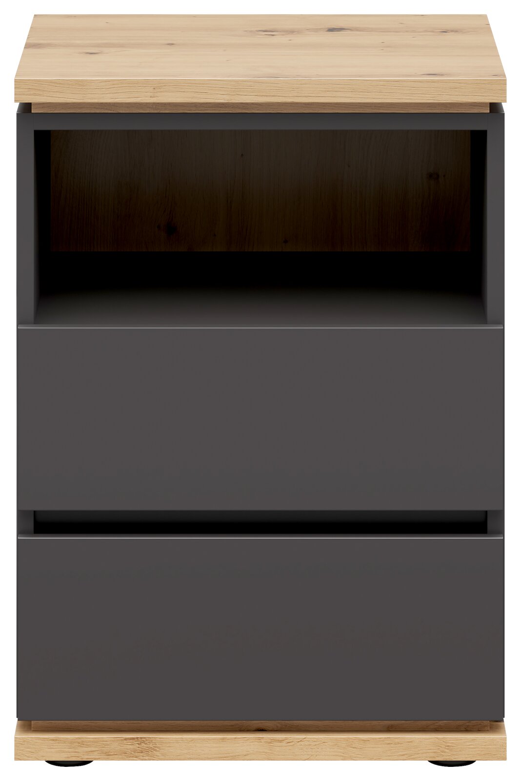Nachtkommode in Frontansicht mit Holzoberfläche und zwei Schubladen in dunklem Grau