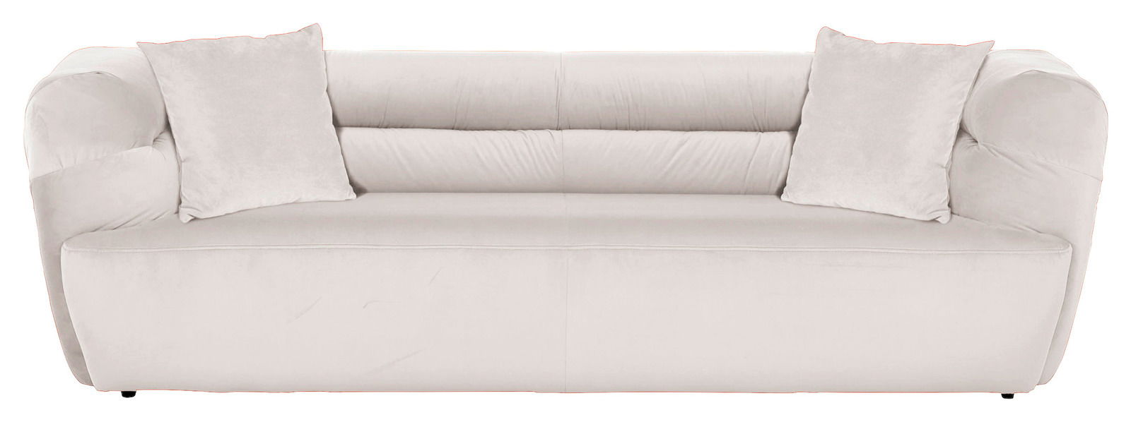 Großes, modernes Big-Sofa in hellem Stoff mit zwei Kissen, frontal fotografiert.