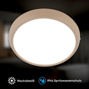 Ronde witte LED-plafondlamp met neutraalwit licht en IP44 spatwaterbescherming, frontaal aanzicht van onderen