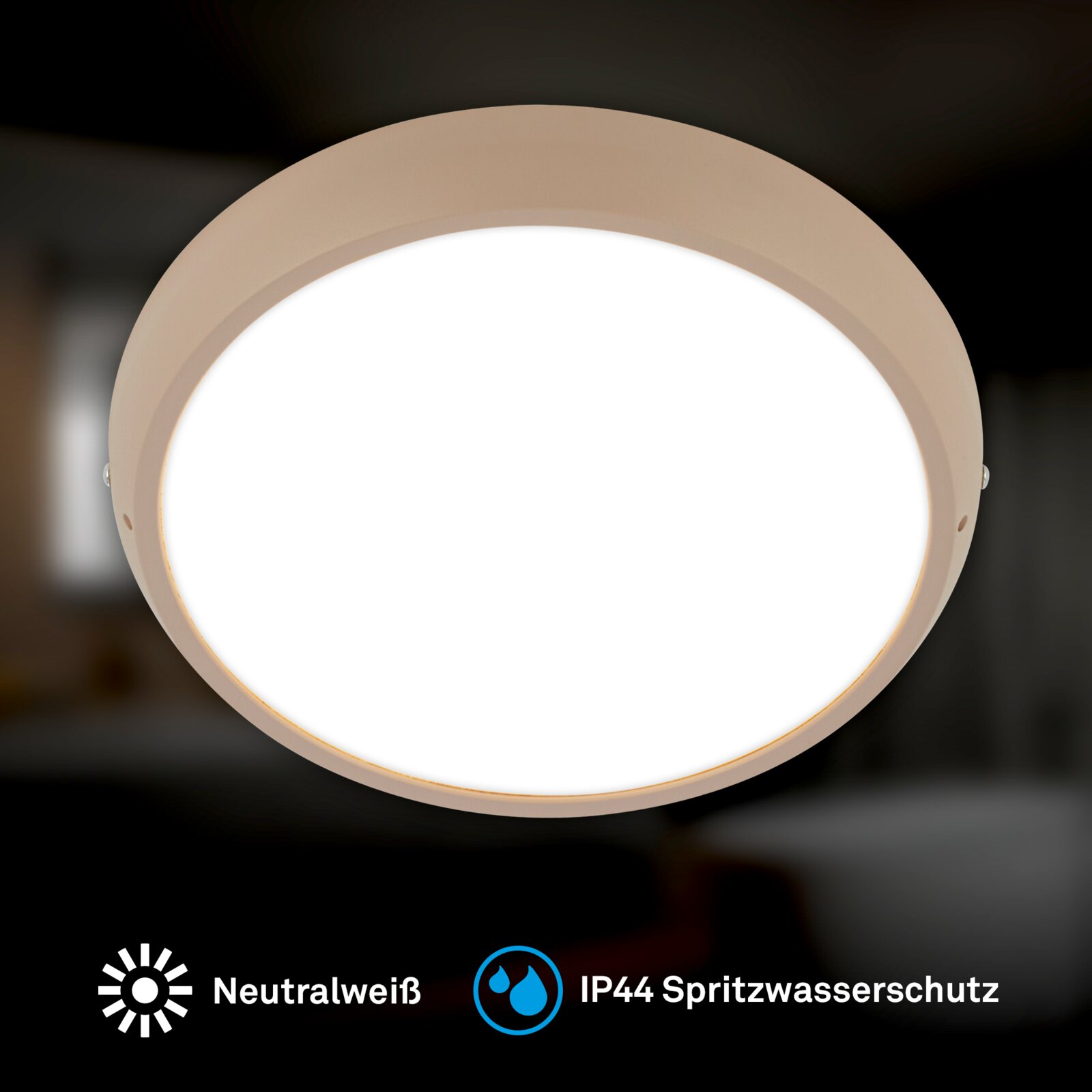 Ronde witte LED-plafondlamp met neutraalwit licht en IP44 spatwaterbescherming, frontaal aanzicht van onderen