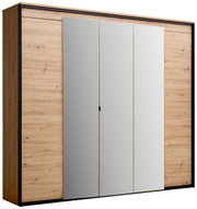 5-türiger Drehtürenschrank in Holzoptik mit Spiegel, Frontalansicht