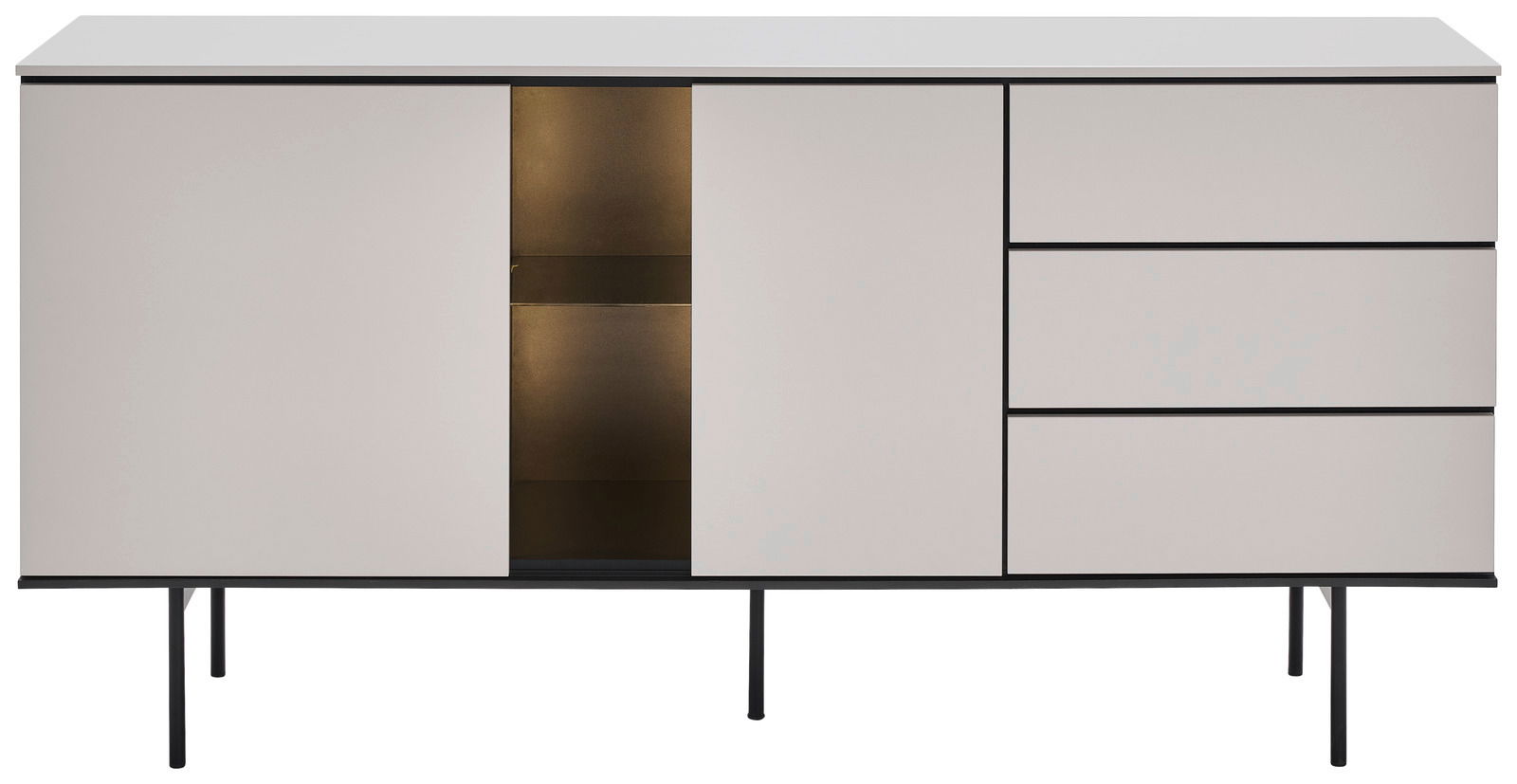 Modernes Sideboard mit weißer Front, drei Schubladen und einem offenen Fach, frontal betrachtet.