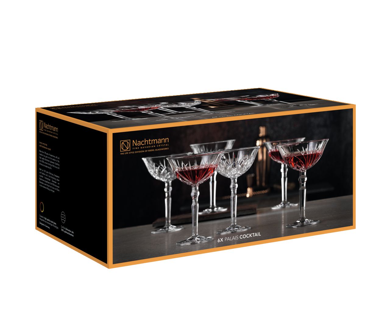 Verpackung der Cocktailschale Palais von Nachtmann, zeigt sechs elegante Kristallgläser mit rotem Getränk, seitliche Perspektive.