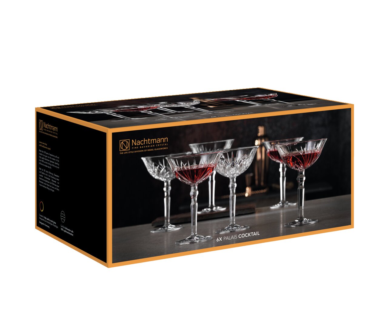 Verpackung der Cocktailschale Palais von Nachtmann, zeigt sechs elegante Kristallgläser mit rotem Getränk, seitliche Perspektive.