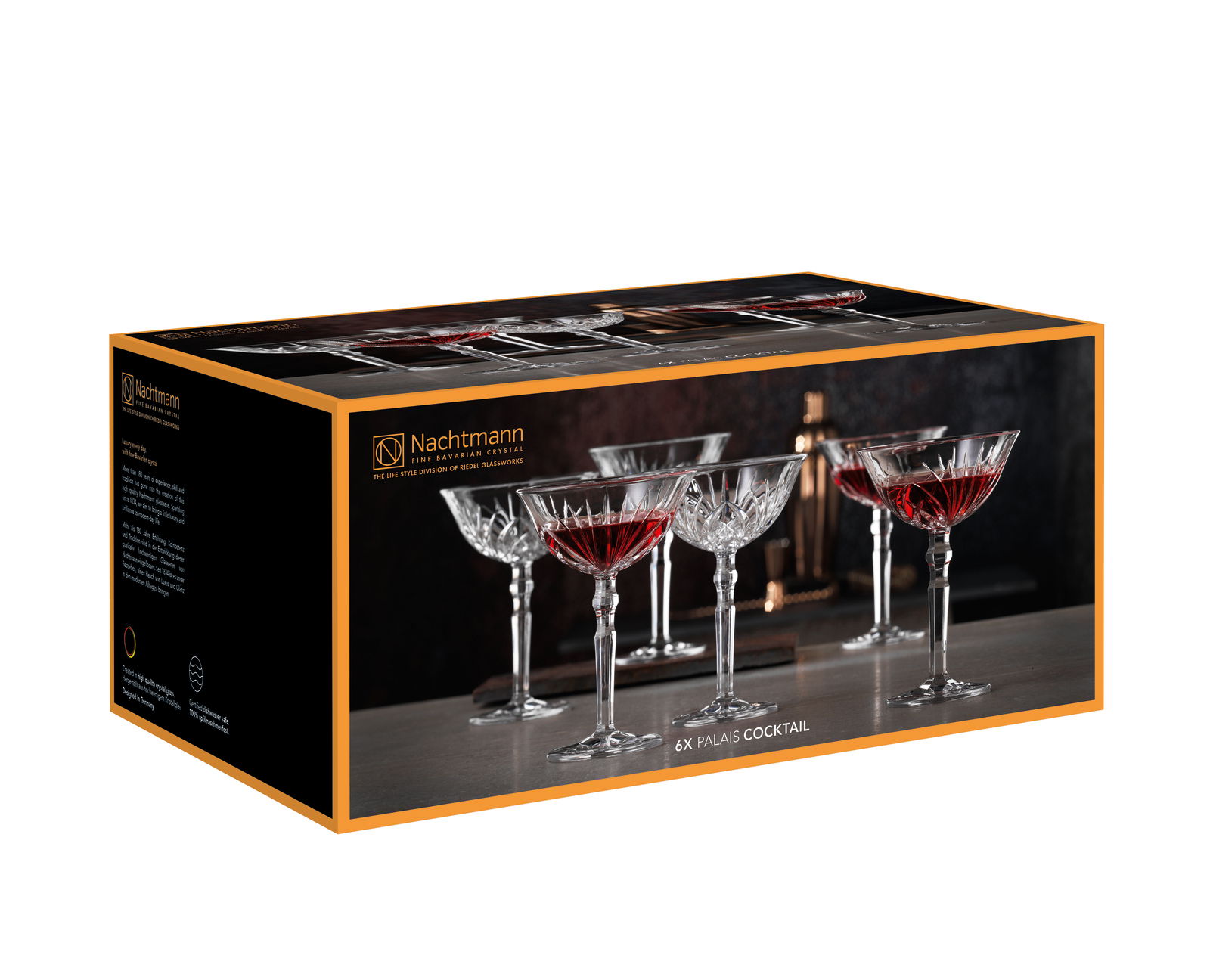 Verpackung der Cocktailschale Palais von Nachtmann, zeigt sechs elegante Kristallgläser mit rotem Getränk, seitliche Perspektive.