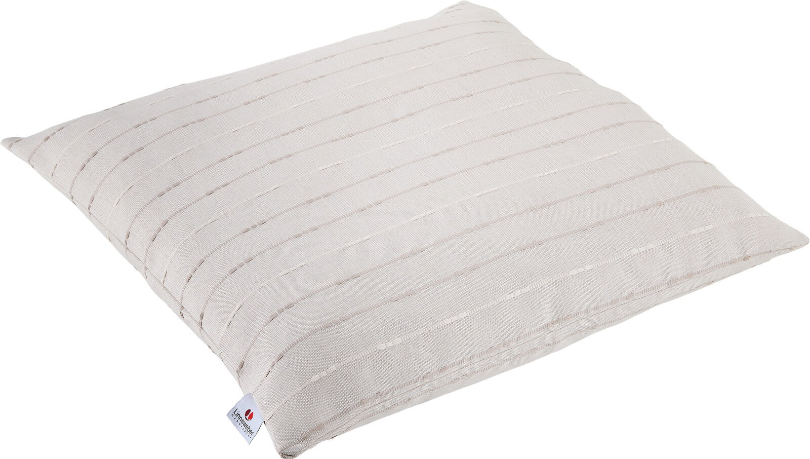 Beiges Outdoor-Kissen 45x45cm mit feinen Streifen, seitliche Perspektive