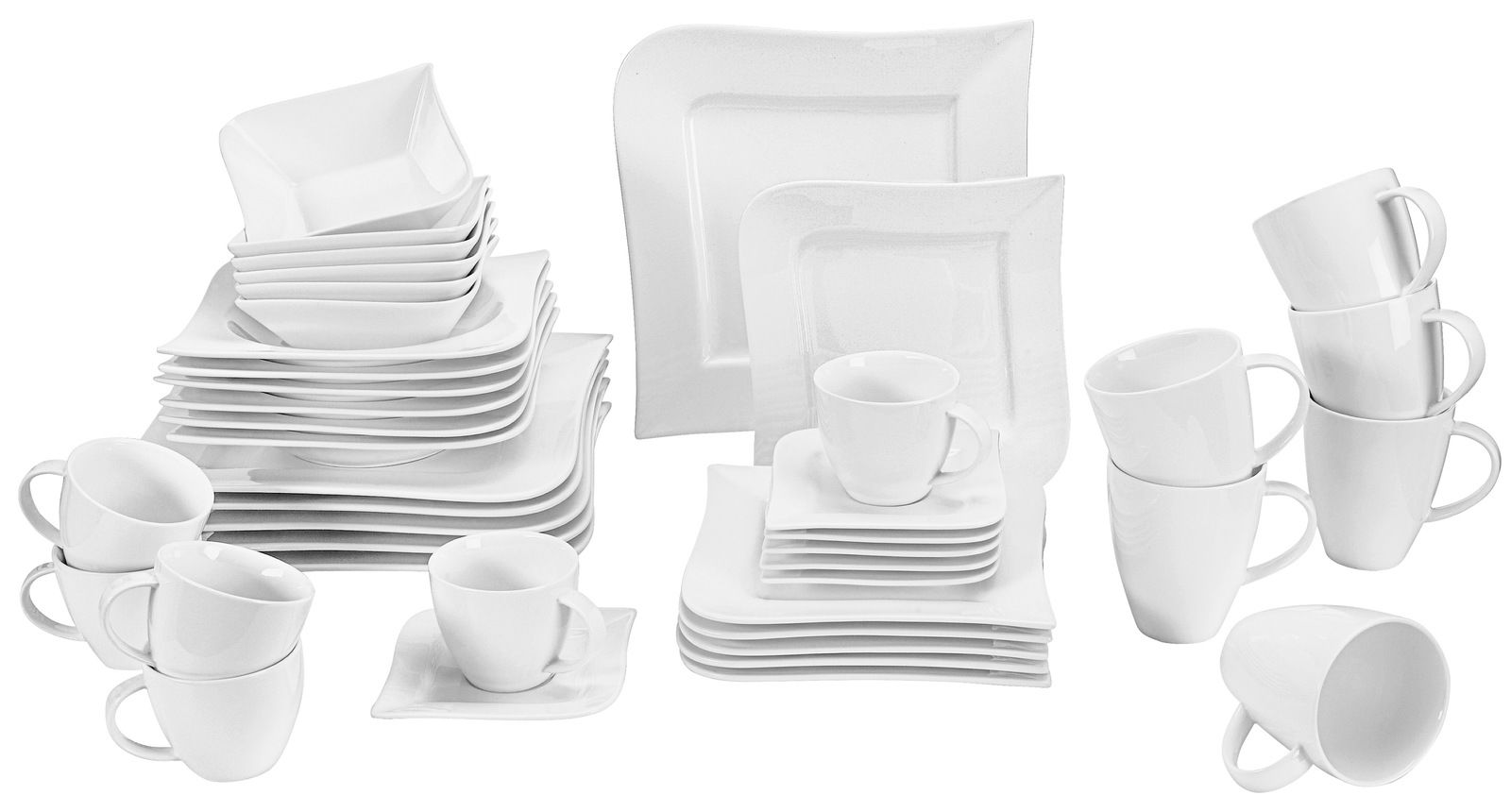 Kombiservice 42-teilig Melodie in weiß, bestehend aus Tellern, Tassen und Schalen, aus der Vogelperspektive fotografiert.